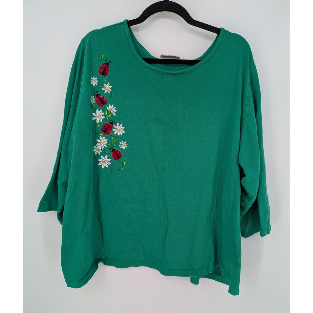 Quacker Factory Top Womens 2X Green Ladybug Daisy Embroidered Sequin 3/4 Sleeve
